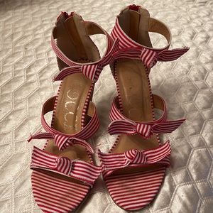 Local boutique purchase! Red and white striped wedge sandals with bows.